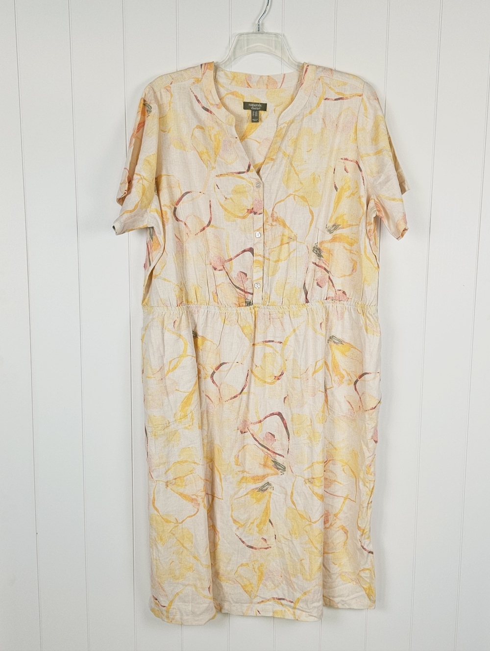 D&Co. Naturals Linen Blend Dress Womens 2x Midi Yellow Floral Short Sleeve